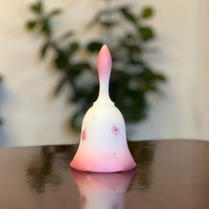 Vintage Fenton Opal Satin Glass Bell Pink Raspberry Flowers Hand Painted Signed